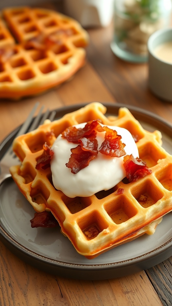 Savory Carnivore Waffles with Cream Cheese Savory waffles topped with cream cheese and bacon on a wooden plate.